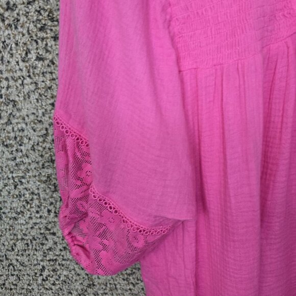 UMGEE Top Womens Small Pink Smocked Peasant Blouse Neck Tie Casual Ladies - Picture 2 of 7